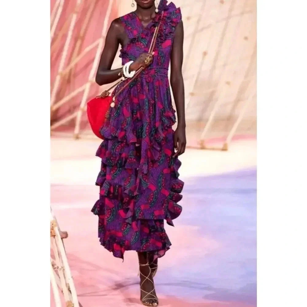 NWT Ulla Johnson IMOGEN Purple Print Ruffle Asymmetrical Midi Dress Size… - Picture 3 of 16